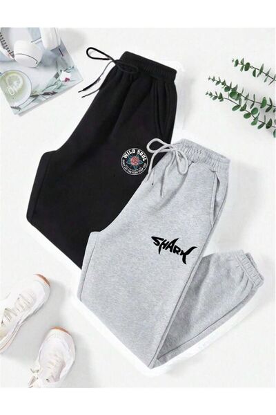 Le Vion 2-li Pantaloni de trening jogger cu imprimeu minimalist, cu picior el...