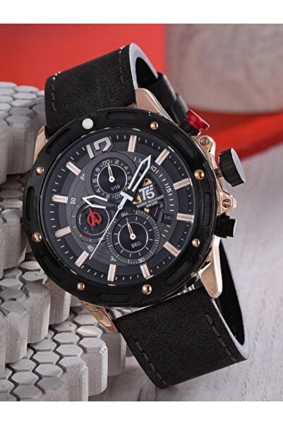 T5 Saat T5 Men's Wristwatch – Rose Gold Case – Black Leather Band – Chronograph & Calendar – Water Resistant