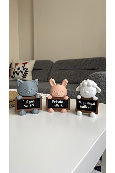 Vemia Dekor 3lü Sevimli Dekoratif Kedi-Tavşan-Kuzu Mottolu Set - Ev Aksesuarı Hediyelik Obje Masaüstü Süs