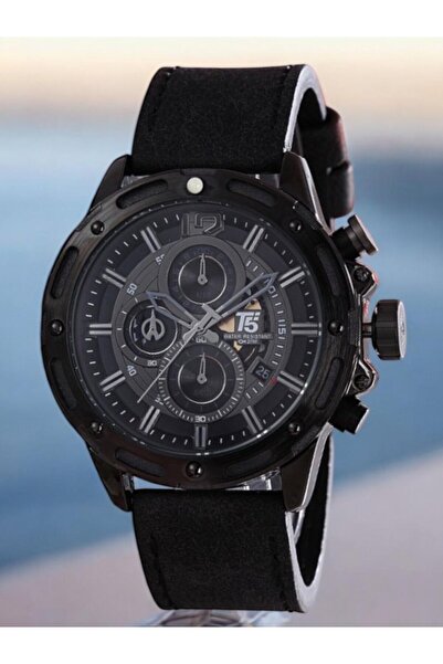 T5 Saat T5 Men's Wristwatch – Black Steel Case – Black Leather Band – Chronograph & Calendar – Water Resistant