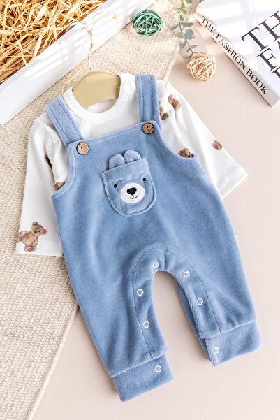 Babymod Figured Winter Velvet Baby Boy Salopet Jumpsuit Set