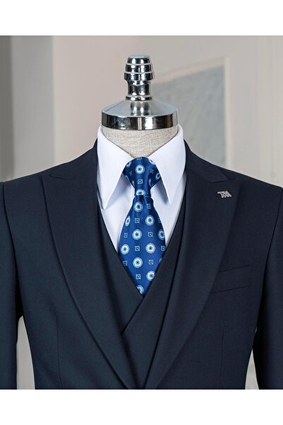 TerziAdemAltun İtalyan stil slim fit ceket yelek pantolon takım elbise lacivert T13504