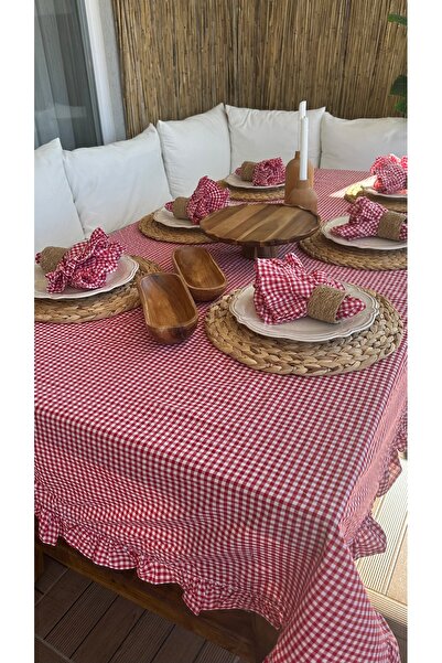 Decamor home Thin Linen Red Gingham Ruffled Tablecloth
