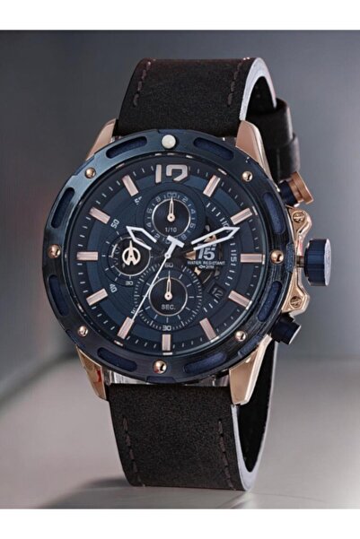 T5 Saat T5 Men's Wristwatch – Navy Blue Case – Rose Gold Detail – Black Leather Band – Chronograph & Calendar