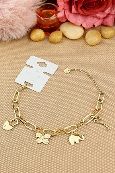 Keyifli Hayaller Çelik Bileklik - 14K Kilit Anahtar Fil Kelebek Charmlı 316L Çelik Bileklik Kararmaz Solmaz 17+5cm