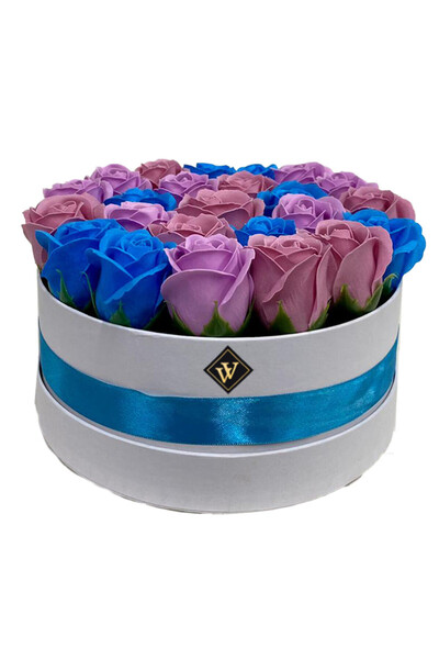 velve Aranjament floral Special Color in cutie rotunda cu 23 trandafiri sapun, Roz-bleu