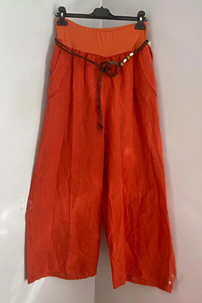 AYASOFYA OTANTIK Women's Orange Italian Rope Belted Wide Leg Linen Trousers