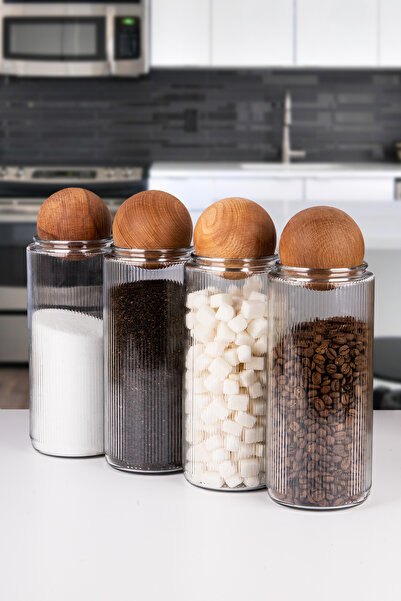 naturelove 4 lü Ahşap Top Kapaklı Dekoratif Çay, Kahve, Şeker, Tuz Saklama Ka...