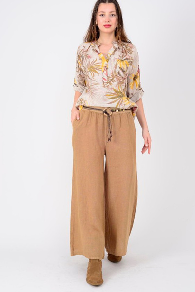 AYASOFYA OTANTIK Women's Cappuccino Italian Rope Belted Wide Leg Linen Trousers