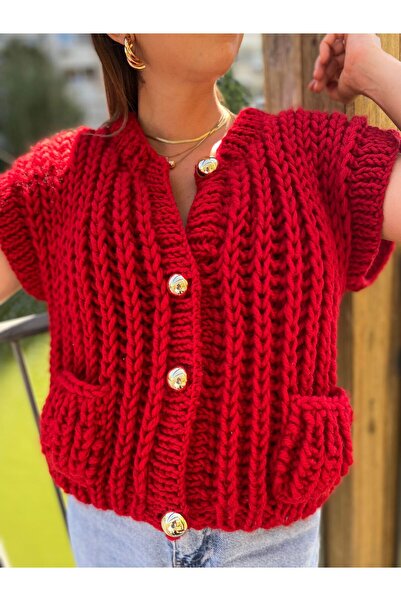 ORGANICMIRA Kadın Kırmızı Düğmeli Süveter Örgü Yelek Bluz