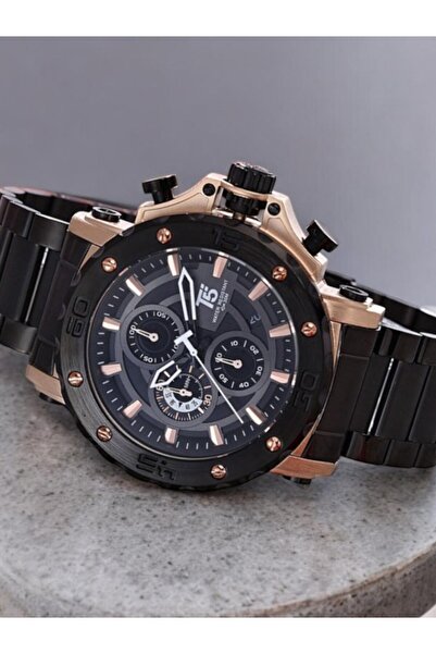 T5 Saat T5 Men's Wristwatch – Black Steel Band with Rose Gold Detailing – Chronograph & Calendar – Water Resistant