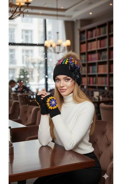 drt tasarım Detailed Pompom Beanie Gloves Set