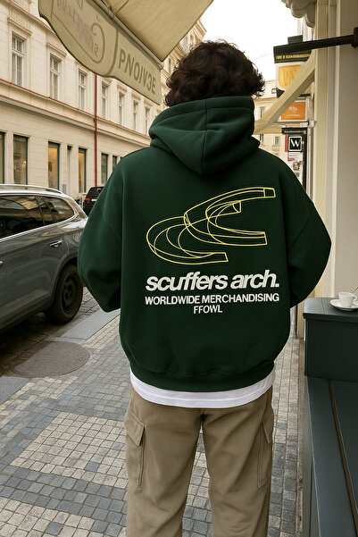 CLASSY.MODA سترة بقلنسوة كبيرة الحجم – مطبوع عليها نص Scuffers Arch ورسومات ل...