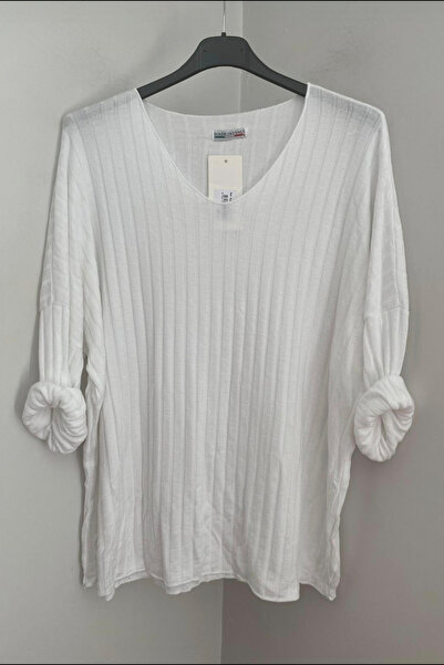 AYASOFYA OTANTIK Women's Italian White V-Neck Stripe Patterned Loose Knitwear Blouse