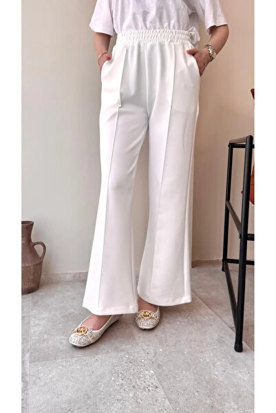 Miraydın Butik Women's Wide Leg Striped Scuba Pants M7071 - White