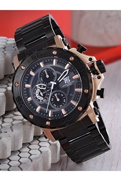 T5 Saat T5 Men's Wristwatch – Black Steel Band with Rose Gold Detailing – Chronograph & Calendar – Water Resistant