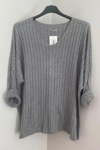 AYASOFYA OTANTIK Γυναικεία ιταλική γκρι μπλούζα με σχέδιο με λαιμόκοψη σε σχήμα V, χαλαρή πλεκτή μπλούζα