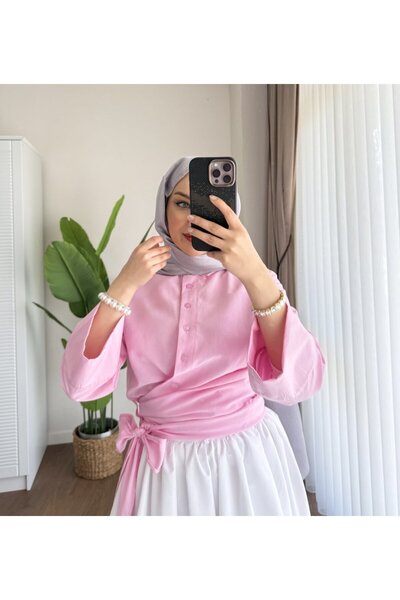 Miraydın Butik Women's Waist-Tie Belted Skirt Top Shirt M202 - Pink