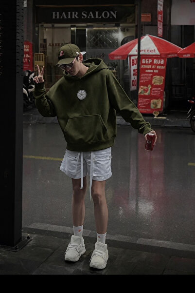 CLASSY.MODA Hooded Sweatshirt Front Round Symbol and Back Figure Print Unisex Casual Style