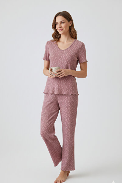 Elemge Kadın Bambu Pamuk Pijama Takımı Gül Kurusu Fitilli Regular Fit Alt & Üst İnce Kısa Kol Lastkli Esnek
