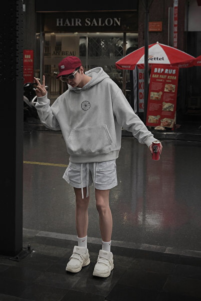 CLASSY.MODA Hanorac cu glugă Simbol rotund în față și imprimeu cu figură în spate Stil casual unisex