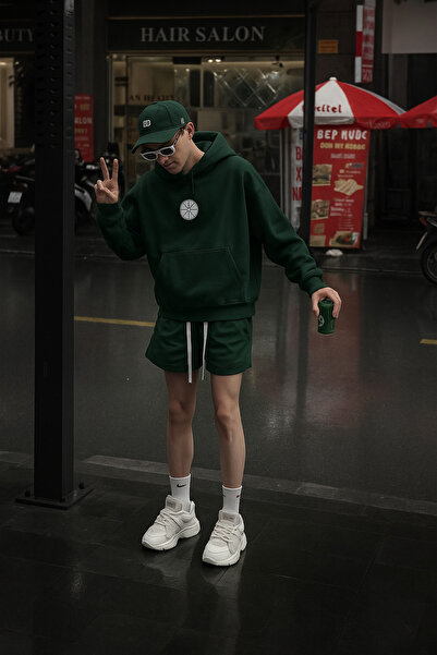 CLASSY.MODA Hanorac cu glugă Simbol rotund în față și imprimeu cu figură în spate Stil casual unisex