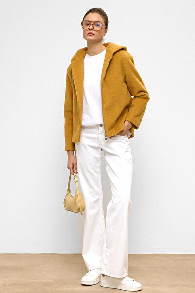 Olcay Hooded Zipper Detailed Oversize Short Coat Mustard 3130