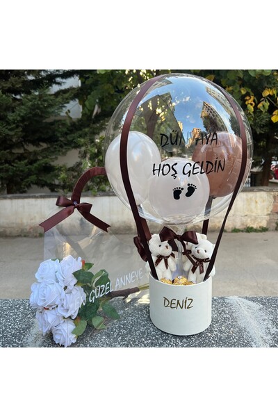 UB Kişiye Özel Yenidoğan Balon Kutusu & Çantada Güller Anne Bebek Hediye Set