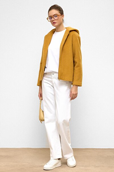 Olcay Hooded Zipper Detailed Oversize Short Coat Mustard 3130