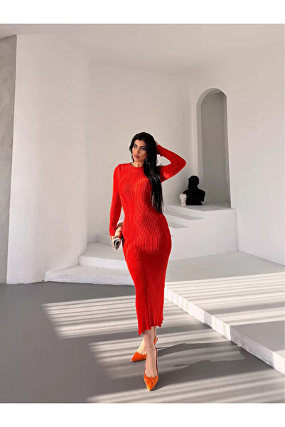 AKS Moda Giyim Uzun Kollu Ribanalı Triko Elbise