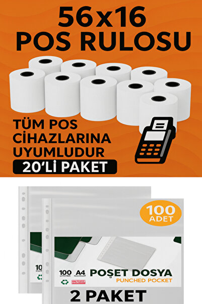 ANI OFİS KIRTASİYE A K Office Set - Pos Roll 56X16 (Pack of 20) + A4 Bag File (2 Packs, 100 Pieces)