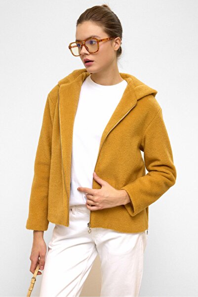 Olcay Hooded Zipper Detailed Oversize Short Coat Mustard 3130