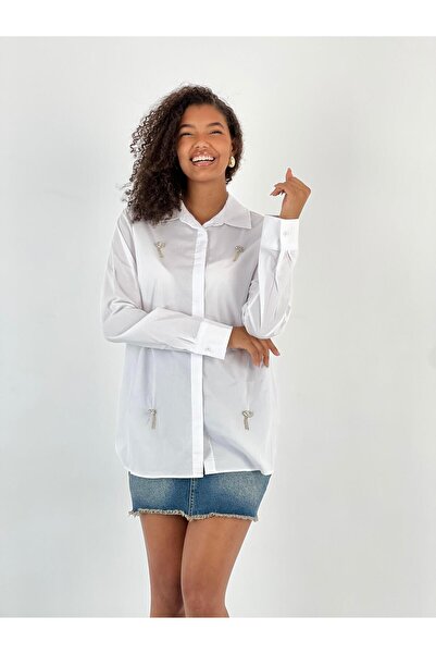 Miss Poem Γυναικείο λευκό πουκάμισο με λεπτομέρεια από διαμάντια