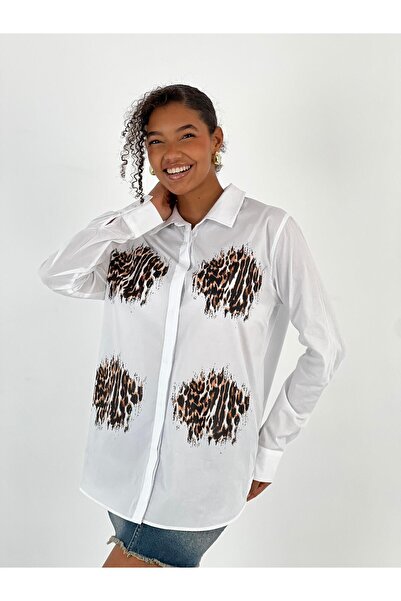 Miss Poem Women's Leopard Print Hidden Button White Shirt