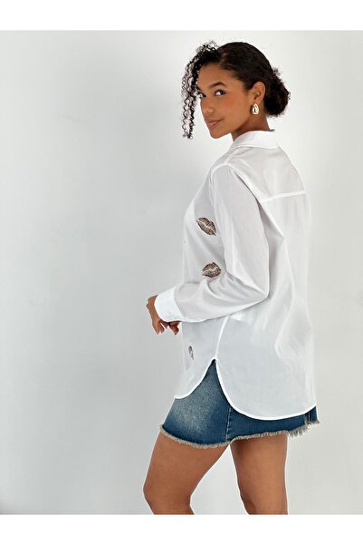 Miss Poem Women's Lip Leopard Printed White Shirt