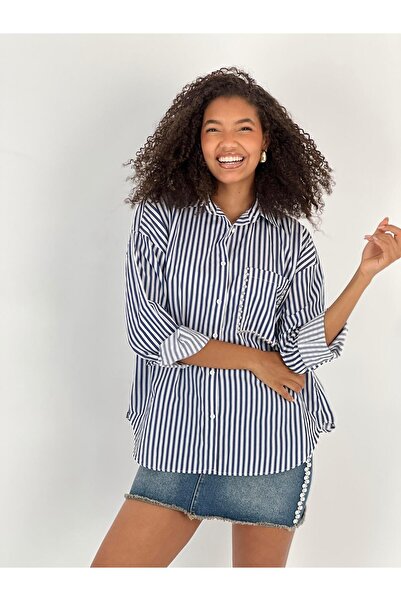 Miss Poem Women's Striped Pocket Stone Embroidered Navy Blue Shirt