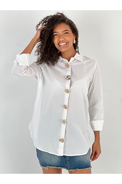Miss Poem Γυναικείο πουκάμισο με κουμπιά σε λευκό χρώμα