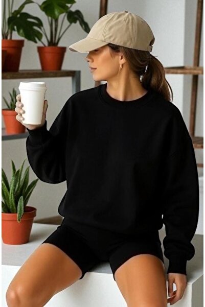 Wish BF سويت شيرت برقبة دائرية كبير الحجم بدون طباعة، 3 خيوط، 100% قطن