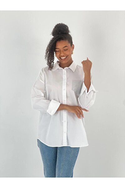 Miss Poem Women's Single Pocket Stone Embroidered White Shirt