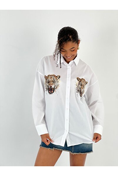 Miss Poem Women's Front Back Leopard Printed White Shirt