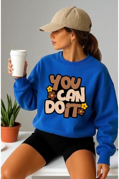 ArtYus Mânecă lungă unisex You Can Do It Transfer cu imprimeu guler rotund lı Swea tricou