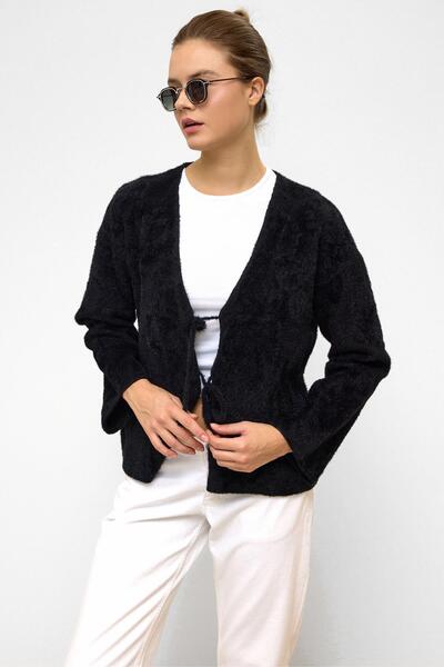 Olcay Front-Tied Soft Knit Cardigan Black 8267