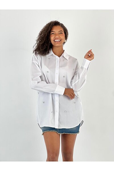 Miss Poem Γυναικείο πουκάμισο με λεπτομέρειες από πέτρα σε λευκό χρώμα