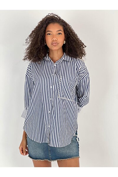 Miss Poem Women's Striped Pocket Stone Embroidered Navy Blue Shirt