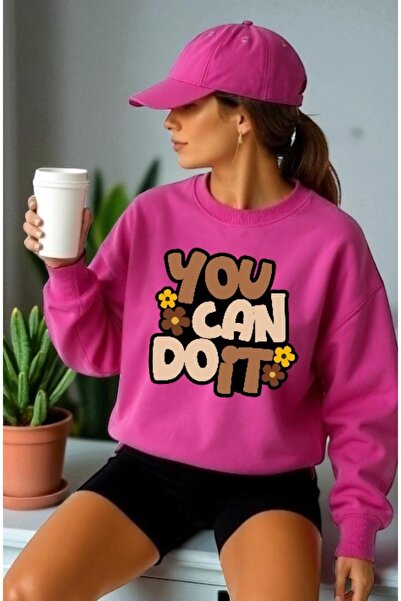 ArtYus Mânecă lungă unisex You Can Do It Transfer cu imprimeu guler rotund lı Swea tricou