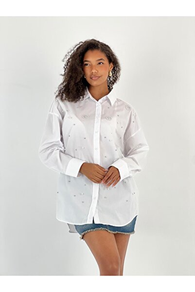 Miss Poem Γυναικείο λευκό πουκάμισο με λεπτομέρεια από λαμπερή πέτρα