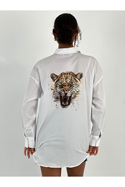 Miss Poem Women's Front Back Leopard Printed White Shirt