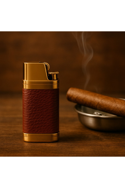 Hunter Deri Kaplama Altın Detaylı Klasik Gazlı Çakmak – Şık ve Dayanıklı