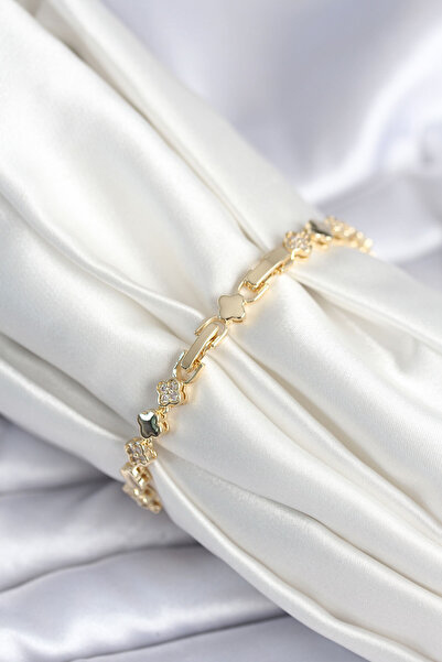 Lisinya Brass Gold Color Zircon Stone Clover Model Women's Bracelet -