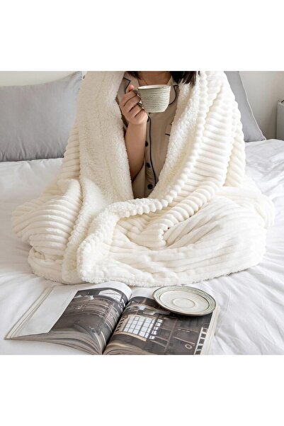 MIULEE Flannel Blanket, MIULEE, Dual-Sided with Stripe Pattern and Sherpa, 150 x 200 cm, White